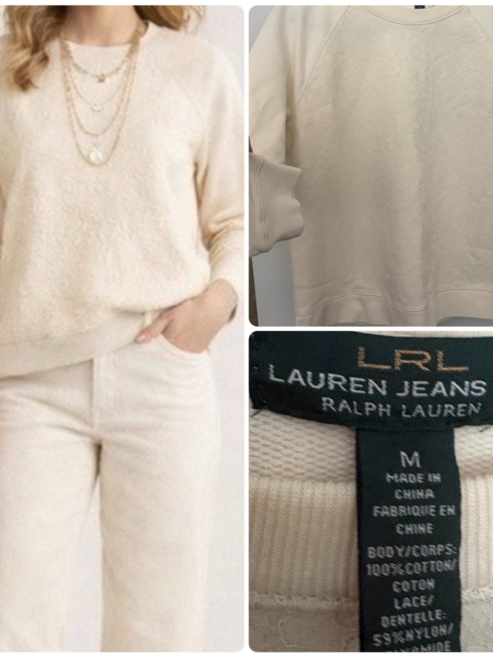 Ralph Lauren LRL Lauren Jeans Ivory Crewneck lace overlay raglan sweatshirt NWOT